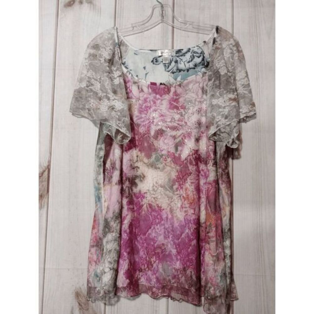 Dressbarn Womens 14/16 Pink Floral Mesh Lace Flutter Sleeve Rhinestone Top